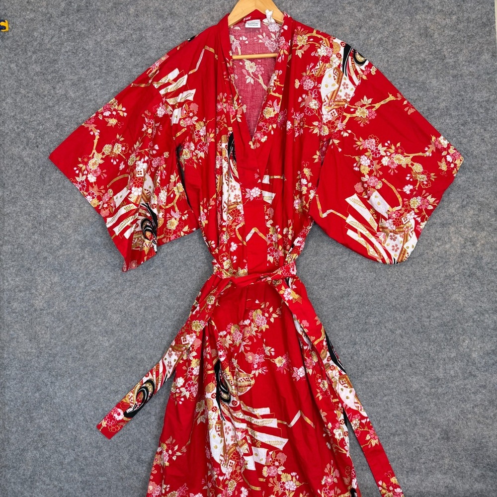 Vintage Smithsonian Institution Japanese Yukata Kimono XL Cherry‎ Blossom Belted